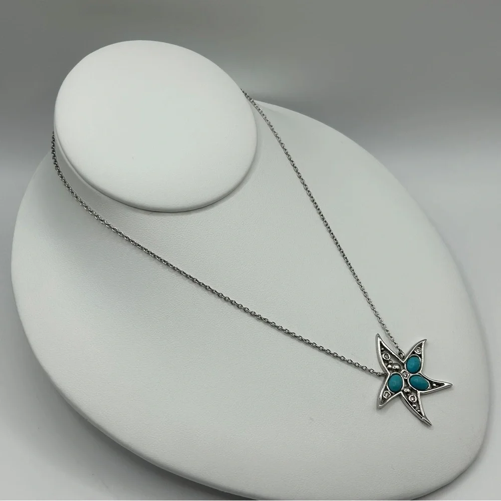 Coastal Silver Turquoise Starfish Pendant Necklace